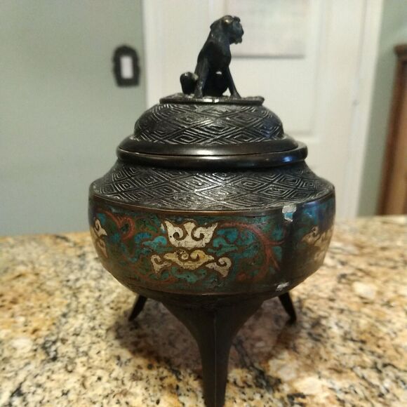 Antique Chinese Cloisonné Enamel Bronze Dynasty Handle Incense Burner Censer Foo - Picture 6 of 12